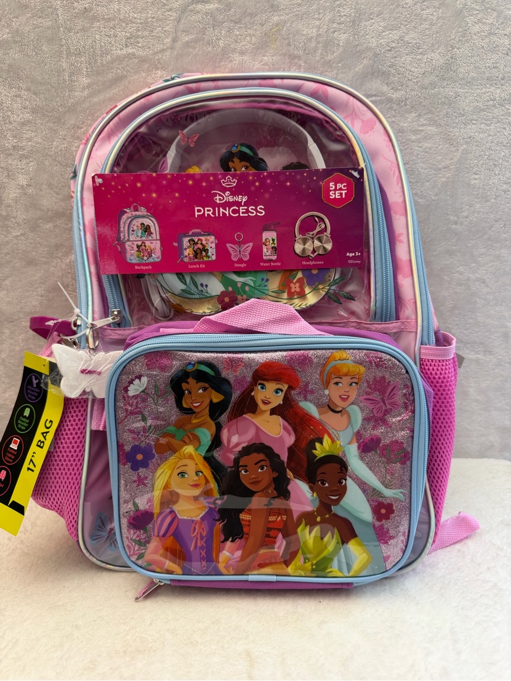 Disney Princess Girls 5 Piece Backpack Set Lunch Bag Headphones Water Bottle